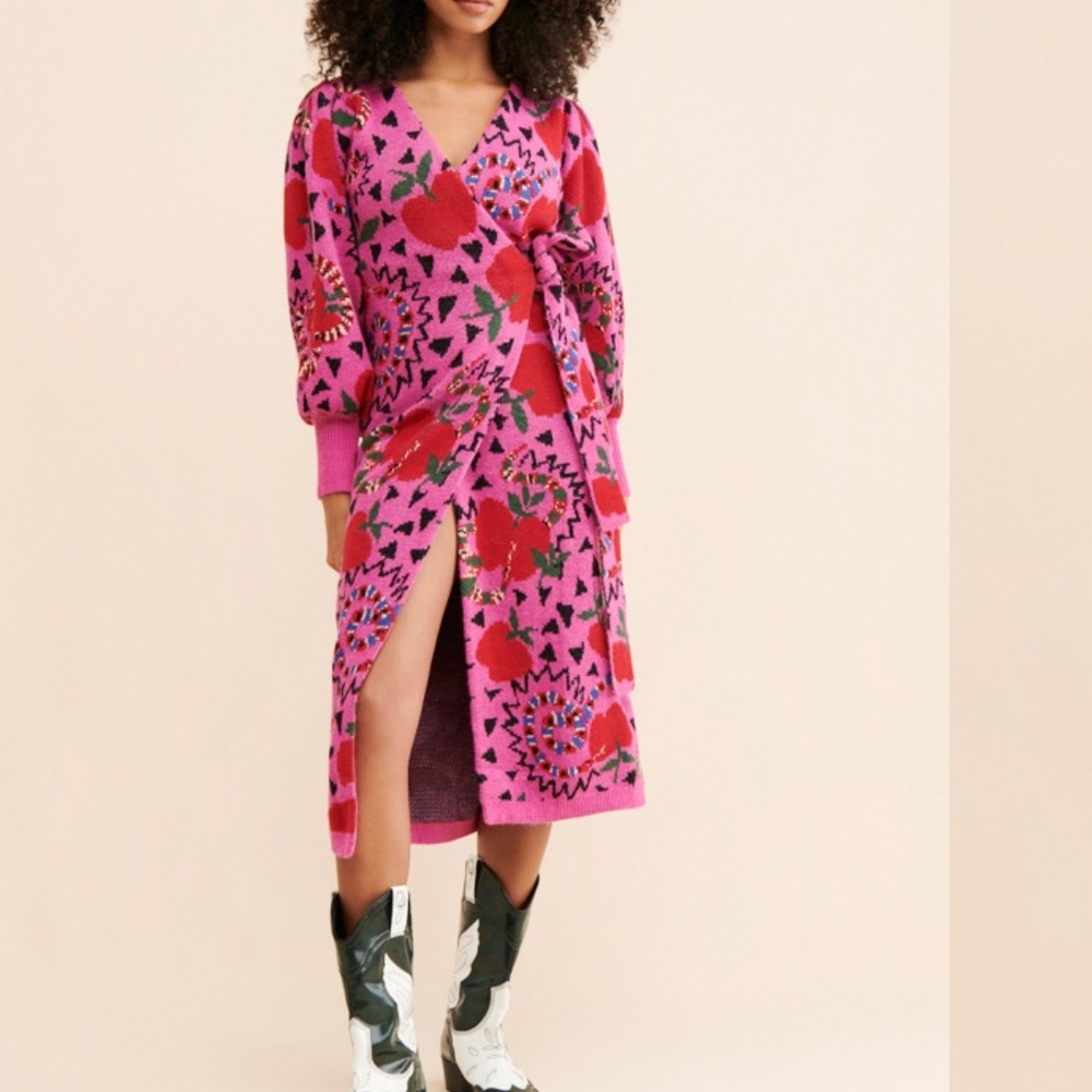 FARM Rio Pink and Red Floral Wrap Dress - Preloved